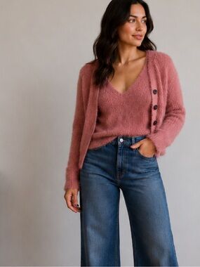 Fuzzy V-Neck Tank & Button Cardigan Set - Dusty Rose